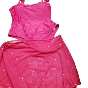 ***Elegant Rhinestone Red One Piece Swimsuit  & Cover Skirt Two Piece Set